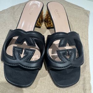Gucci Black Leather GG Mule Sandals with Gold Block Heel
